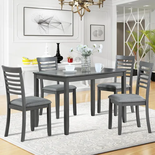 Miniatura 10 de RuiSiSi 6 Piece Solid Wood Dining Table Set, Farmhouse Extendable Kitchen Table with a Bench and 4 Padded Chairs, 4-6 Dining Table Set with Bench
