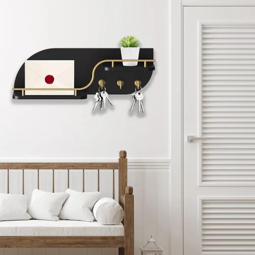 Miniatura 4 de Soporte para llaves de pared, organizador decorativo de llaves y correo con 3 ganchos de metal y 2 estantes, estante de llaves de madera montado