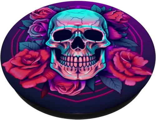 Miniatura 2 de Synthwave Sugar Skull Flowers PopSockets intercambiables PopGrip