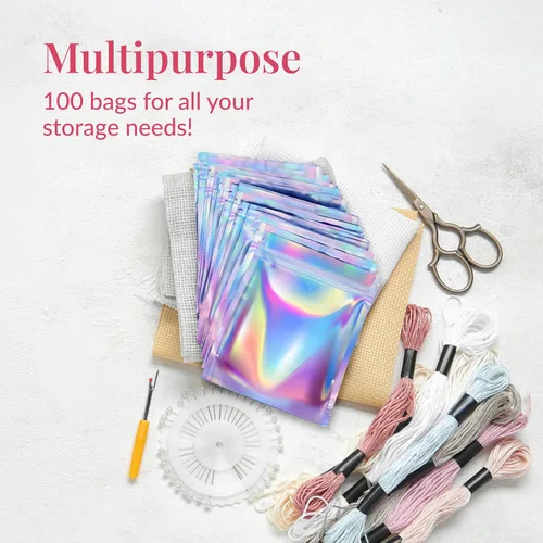Miniatura 4 de Prestee Paquete de 100 bolsas de Mylar de 4 x 6 pulgadas, bolsas holográficas resellables con ventana, bolsa de Mylar a prueba de olores