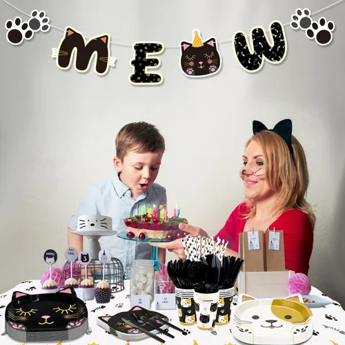 Miniatura 6 de 167 piezas de decoración de fiesta de cumpleaños de gatos, incluyendo platos de gato, servilletas, vasos, mantel, pancarta MEOW y pajitas de papel