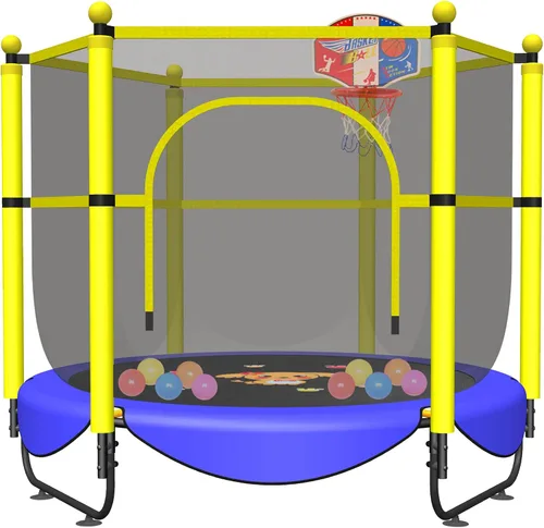 VGMiu Trampolín de 60 pulgadas para niños, cama elástica de 5 pies para interiores y exteriores con aro de baloncesto, recinto de seguridad, regalos