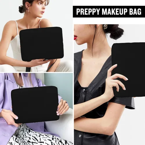 Miniatura 6 de Bolsa de maquillaje grande de nailon para viaje para mujeres, bolsa de cosméticos con cremallera negra grande preppy linda, bolsa de chenilla