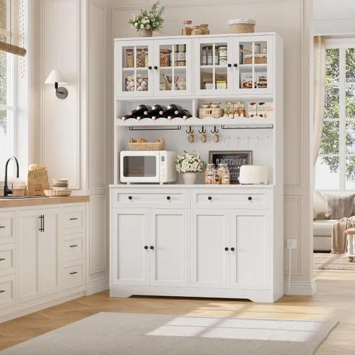 Miniatura 4 de HOSTACK Gabinete de Despensa de Cocina de 75.4" de Alto con Estación de Carga, Aparador de Cocina Blanco Moderno con Soporte para Microondas