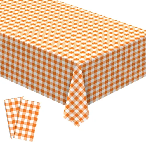 Miniatura 2 de Mantel de plástico a cuadros naranja y blanco, decoración de otoño y Acción de Gracias, a cuadros, desechable, decoración de comedor y cocina, 54 x