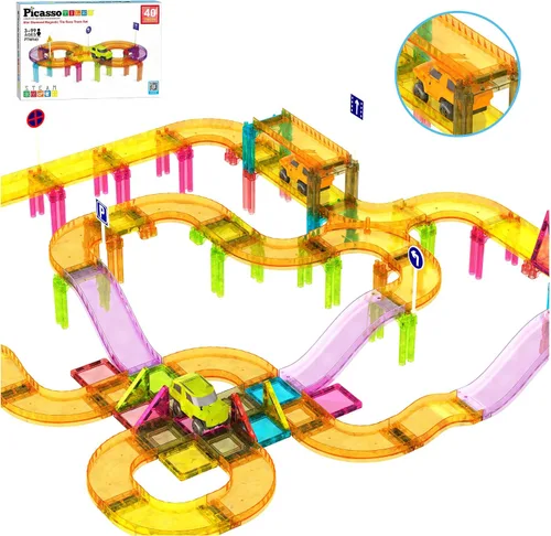 PicassoTiles Carrera de coches de pista magnética azulejos magnéticos juguete de viaje sensorial azulejos juguetes para niños pequeños STEM
