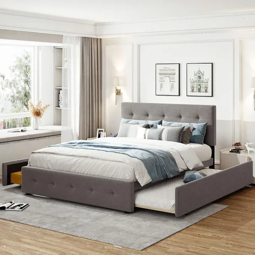 Miniatura 28 de Cama de plataforma tapizada de tamaño matrimonial con nido, cama con plataforma tapizada de vellón de peluche con soporte de listones de madera