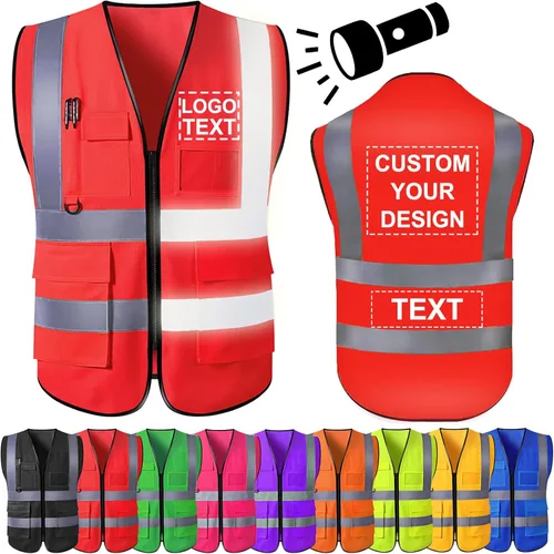 Miniatura 10 de Chaleco de seguridad personalizado para hombre, chaleco personalizado de alta visibilidad, ropa de trabajo con tira reflectante, 5 bolsillos Azul