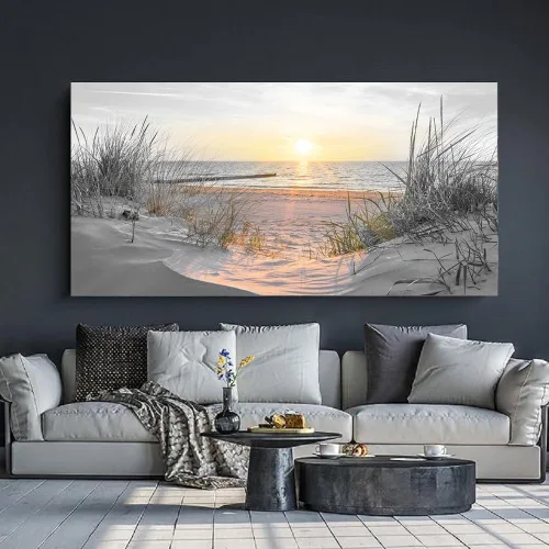 Miniatura 4 de Yxbhhym - Arte de pared en blanco y negro con temática de puesta de sol en la playa, decoración costera para la habitación, imagen del océano