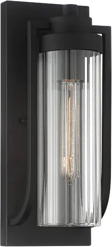 Miniatura 2 de Possini Euro Design Bogata - Moderna lámpara de pared para exteriores, acero negro texturizado, 15 1/2 pulgadas, cristal cilíndrico acanalado