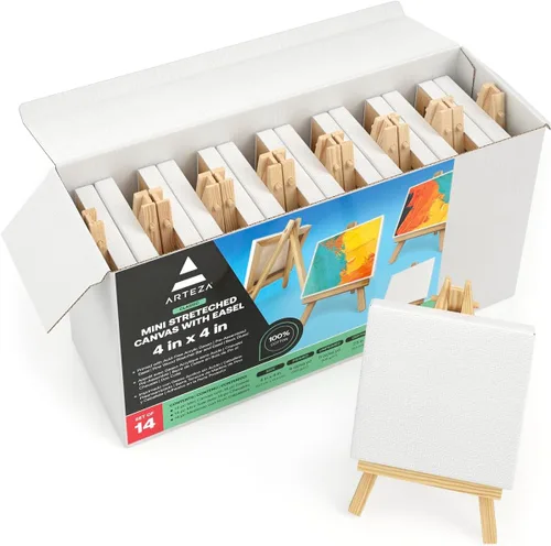ARTEZA Lienzos pequeños con caballetes, 4 x 4 pulgadas, paquete de 14, lienzo blanco estirado blanco para pintura acrílica, óleo y gouache