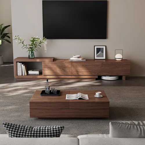 Miniatura 3 de Soporte de TV extensible para televisores de 65 a 100 pulgadas, consola de entretenimiento de nogal con 3 cajones y 1 compartimento