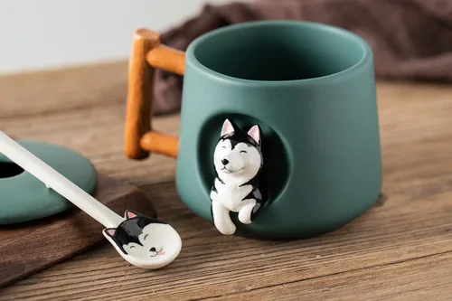 Miniatura 8 de DIHOclub Taza de café de cerámica con tapa y cuchara a juego, taza novedosa 3D con patrón de Husky para té, leche, chocolate, jugo, taza linda