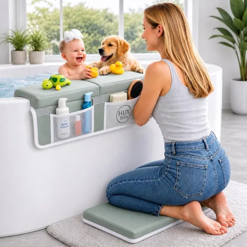 Miniatura 11 de Cómodo juego de rodilleras y coderas de baño para bebé, almohadilla antideslizante para bañarse, tapete acolchado para bañera, coderas, bolsillos