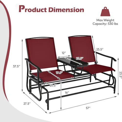 Miniatura 3 de Tangkula Silla mecedora para 2 personas, sofá biplaza mecedora para patio con mesa central de vidrio templado, banco de columpio para exteriores