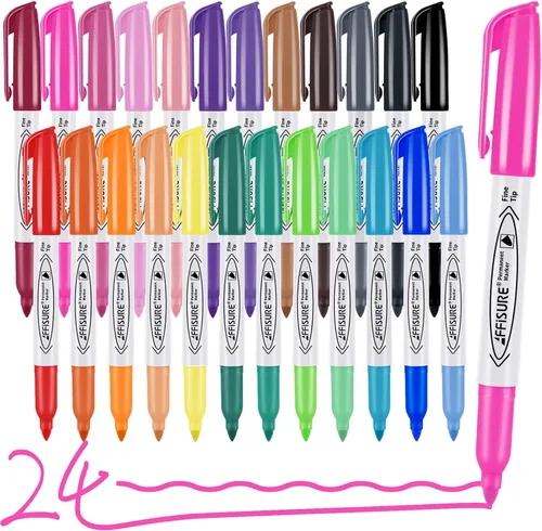 Juego de marcadores permanentes de colores surtidos, 24 marcadores de colores, paquete de 24 unidades, punta fina, funciona en madera, plástico,
