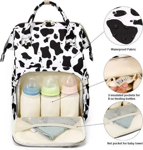 Miniatura 2 de Mochila para pañales de bebé con estampado de vaca para niñas y niños, impermeable, grande, para mamá
