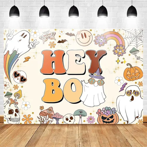 Miniatura 2 de Mocsicka Hey Boo - Telón de fondo Groovy para Halloween, baby shower, decoración de fiesta de bebé, fondo lindo de calabazas de Halloween, baby