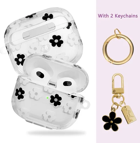Miniatura 2 de Funda compatible con AirPods 3 2021, TPU suave con bonito patrón de flores para AirPods de 3ª generación con llavero de flores y mosquetón para Negro