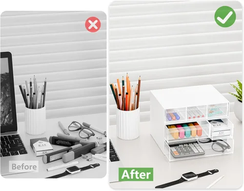 Miniatura 5 de Gonice Organizador de escritorio apilable de 3 niveles con 6 compartimentos, organizador de cajones apilables de plástico blanco para oficina