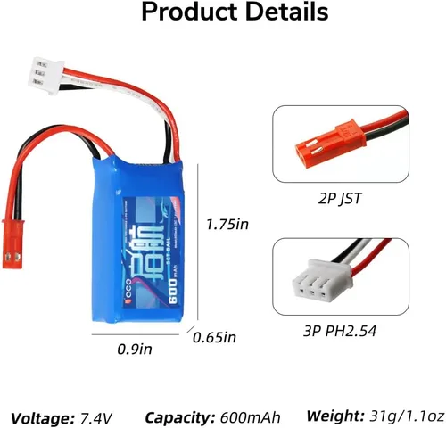 Miniatura 6 de Radiolink Gensace - Batería LiPo de 7.4 V 2S 15C 600 mAh JST 2 pines conector recarga polímero de litio para RC A560/SU27/D460 Airplane/RC4GS