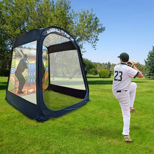 MACCABI Art - Entrenador de práctica de béisbol/softbol emergente de 8 pies con fondo de golpeo y lanzamiento integrado, camiseta de bateo para