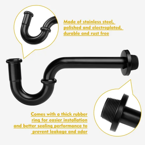 Miniatura 6 de Trampa P de acero inoxidable – Trampa para lavabo de baño de 1 1/4 pulgadas con arandela reductora, negro mate