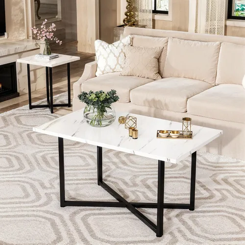 Miniatura 4 de Hooseng Juego de 3 mesas auxiliares y mesas auxiliares, moderno juego de mesa de sala de estar con marco de metal para apartamento, oficina en casa