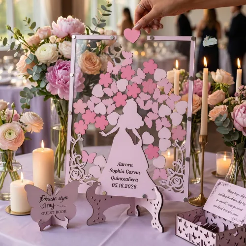 Miniatura 2 de Quinceanera Guest Book Alternative, Personalized Wooden Acrylic Princess Dress Frame with Butterfly Drop Chips, Custom Name Date Sign in Keepsake Set
