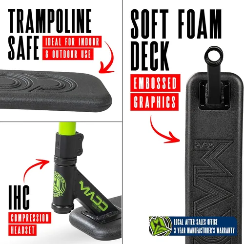 Miniatura 3 de Patinete de Trampolín Pro Madd Gear para Trucos – Tubo de Dirección Real, T-Bar Pro, Plataforma de Espuma – Práctica de Acrobacias Interior y Verde