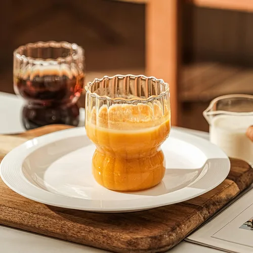 Juego de 4 vasos de vidrio acanalado de 10 onzas con forma de onda vintage, vasos de café helado, vasos para bebidas de cóctel, bebidas, jugo, leche