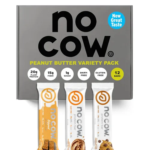 No Cow Barras de proteína vegana, paquete variado de mantequilla de maní | 0.71 onzas de proteína a base de plantas, sin gluten, sin lácteos, sin