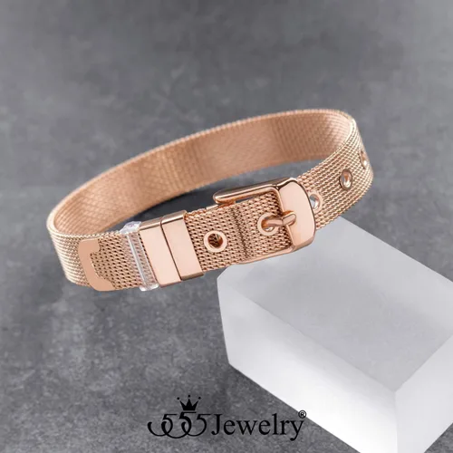 Miniatura 3 de 555Jewelry Pulsera de malla con hebilla de cinturón ajustable de acero inoxidable para mujer