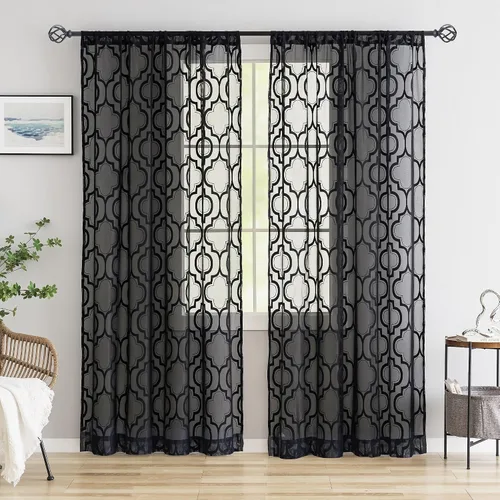 Miniatura 14 de Purainbow Paneles de Cortinas Transparentes de Encaje Floral para Ventana de 54 Pulgadas de Largo, Cortinas Transparentes de Gasa Geométrica