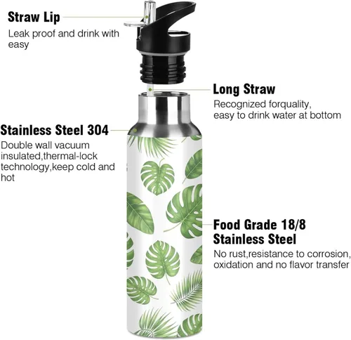 Miniatura 3 de Green Tropical Leaves Insulated Water Bottle 32 Oz, BPA-Free Sport Water Bottle Insulated Leakproof Water Bottles