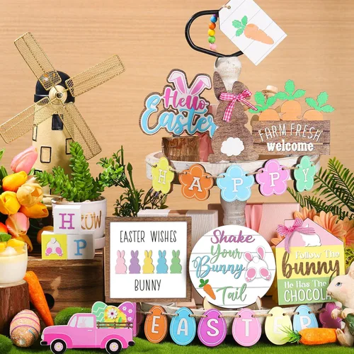 Miniatura 5 de Marsui Decoración de bandeja escalonada de Pascua, adorno de bandeja escalonada de Pascua rústica, letrero de primavera de conejo, camión, huevo