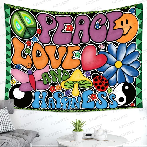 Miniatura 8 de F-FUN SOUL Tapiz de paz amor y felicidad, tapices geniales, 40 x 30 pulgadas, tapices temáticos de los años 70, tapiz estético hippie para colgar