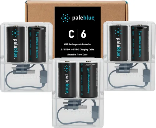 Baterías recargables C con cargador USB de Pale Blue, iones de litio 1.5v 2800 mAh, se cargan en menos de 3.5 horas, más de 1000 ciclos, cable de