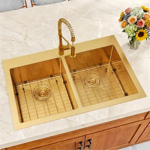 Miniatura 7 de Fregadero de Cocina Dorado 33" X 22", Fregaderos de Cocina de Doble Tazón, Montaje Superior/Empotrable Fregadero Doble de Acero Inoxidable Calibre 16