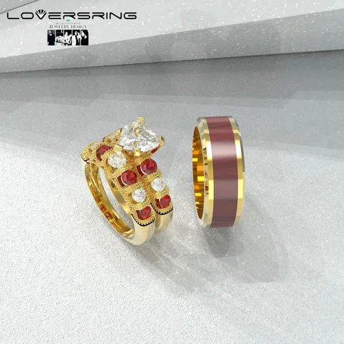 Miniatura 47 de Conjunto de dos anillos de boda para él y para ella, anillos para parejas. Anillos de compromiso para novia en acero inoxidable chapado en oro Blanco