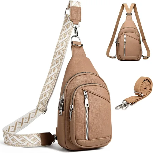 Miniatura 25 de Bolso Bandolera Mochila Cruzada - 2 en 1 Bolso Cruzado de Cuero Riñonera con 2 Correas Extraíbles Mini diaper bag Café