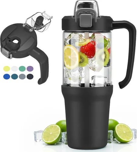 Miniatura 19 de Vaso de vidrio con asa de transporte, botella de agua de vidrio transparente con tapa a prueba de fugas, tapa de boquilla y popote, sin BPA, 32