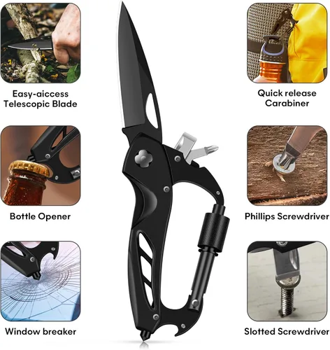 Miniatura 6 de Herramienta múltiple con mosquetón con cuchillo de bolsillo, equipo de supervivencia para camping y senderismo, llavero con mosquetones EDC
