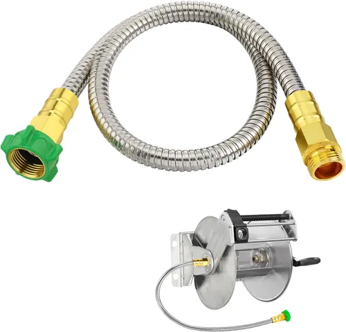 Miniatura 11 de Manguera de jardín corta con conector macho a hembra, manguera líder de metal a prueba de fugas de 2 pies para carrete, tubo de agua flexible