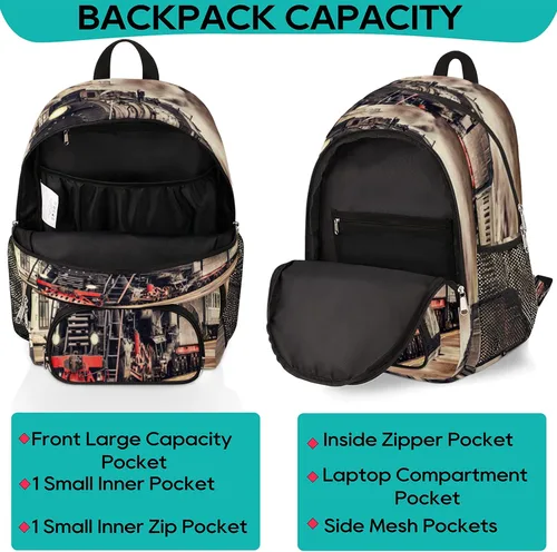 Miniatura 3 de TropicalLife Mochila escolar vintage de tren de vapor de 18 pulgadas, mochila escolar para adolescentes, niñas, niños, mochila escolar