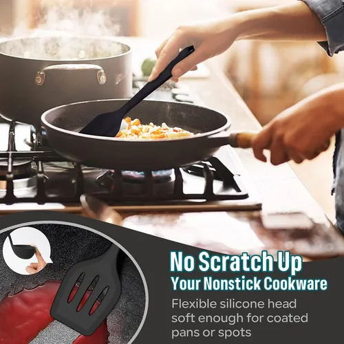 Miniatura 4 de E-far - Juego de utensilios de cocina de silicona, 7 piezas en color negro, utensilios de cocina resistentes al calor, utensilios de cocina