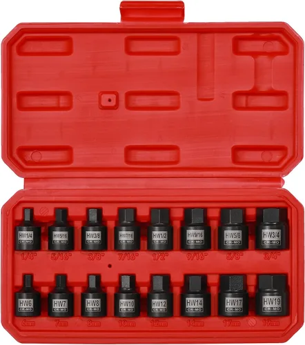 EMENTOL 16 piezas de juego de destornilladores hexagonales de impacto de perfil bajo de 3/8 pulgadas, SAE/métrico, CR-MO, juego de 16 piezas de