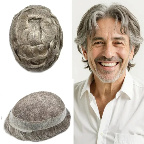 Miniatura 52 de Sistema de reemplazo de cabello de encaje francés para hombre, piezas de cabello de aspecto natural, color negro, marrón, rubio, gris, protesis