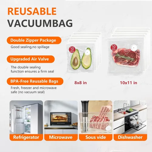 Miniatura 6 de Sellador al vacío de mano para alimentos, máquina selladora al vacío + 30 bolsas selladoras al vacío reutilizables + 4 tapas para tarros Mason