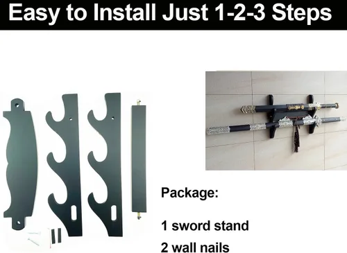 Miniatura 4 de Soporte de pared de espada de madera, 3 niveles Samurai Sword Display, Katana & Wakizashi Storage, Sword Flute Storage, Fishing Rod Storage